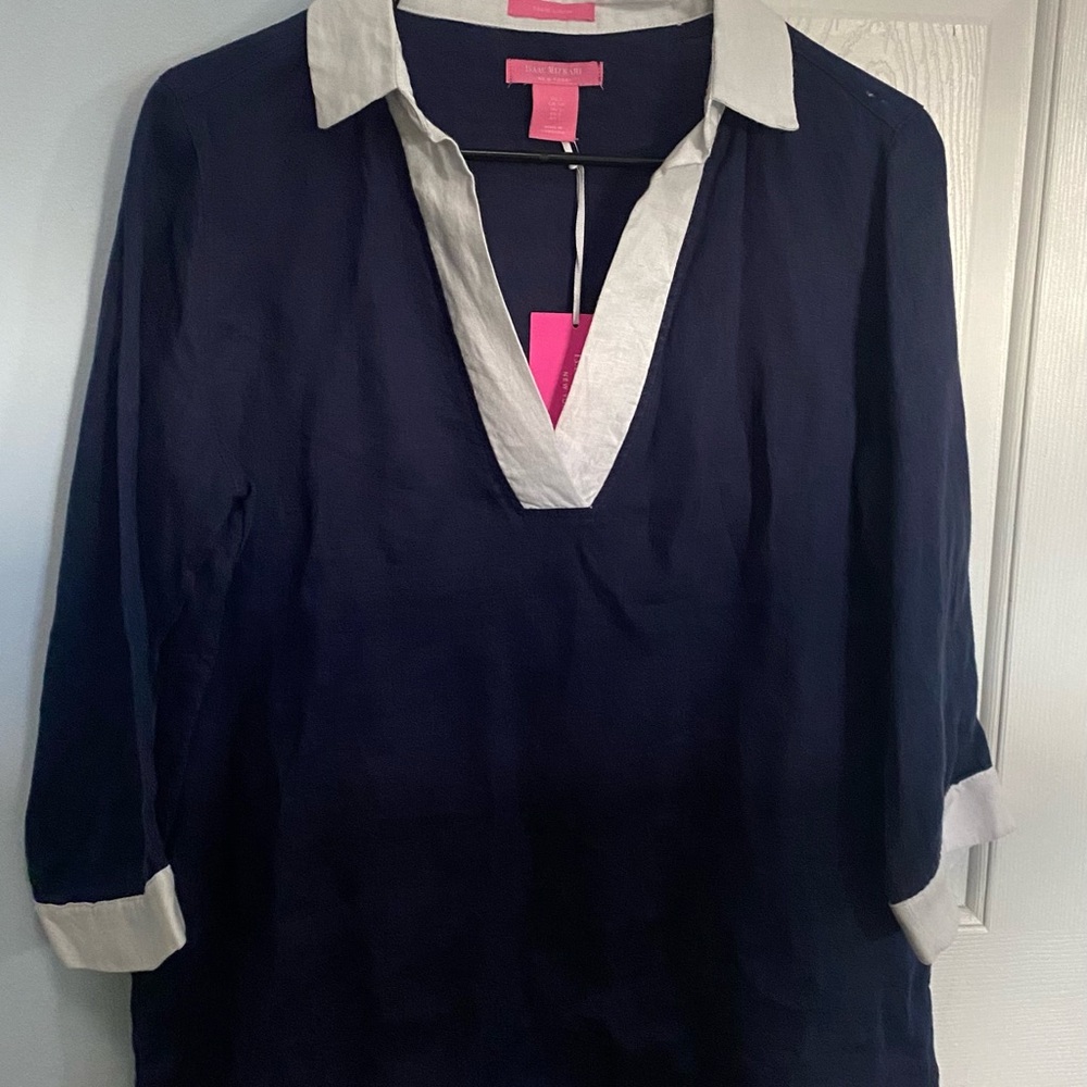 Isaac Mizrahi navy blue cotton linen shirt NWT